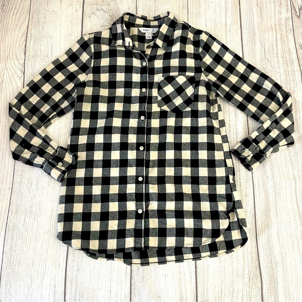 OLD NAVY Women’s Flannel Button Up Shirt Buffalo Plaid Tunic Black & Cream Sz M
